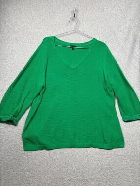 Talbots Waffle Knit Pullover Sweater Womens XL Kelly Green Casual V Neck Comfort